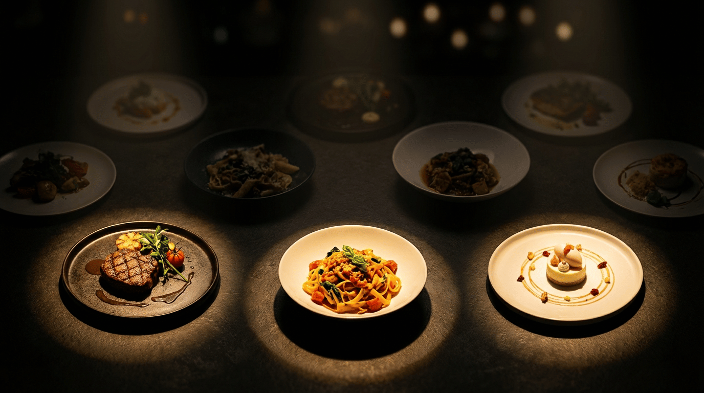 暗い空間で複数の料理皿が並び、そのうち数皿だけに強いスポットライトが当たっている。選択と集中の戦略を視覚的に表現