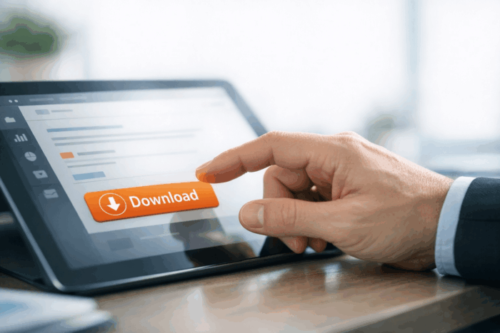 属人化診断チェックシートをダウンロードするためのボタンをクリックしようとしている手