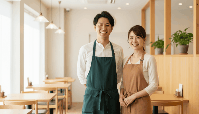 笑顔で協力し合う飲食店経営の夫婦