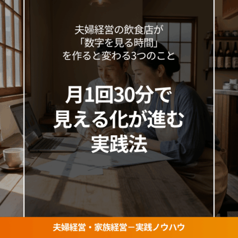 夫婦経営の飲食店で数字を見ながら話し合う夫婦