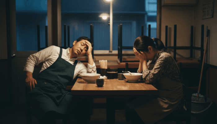 閉店後に疲れた表情で座る飲食店経営の夫婦
