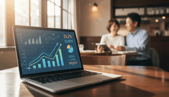 飲食店経営の数字が改善している様子を示すグラフと資料