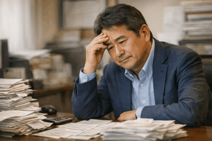 書類の山を前に経理業務の属人化リスクについて思案する日本人経営者