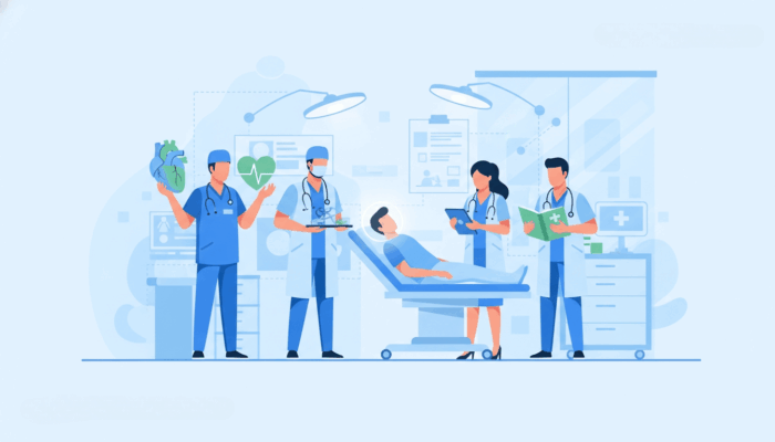 異なる専門分野の医師が協力して患者をケアする様子(ビジネス専門家の役割分担の比喩)