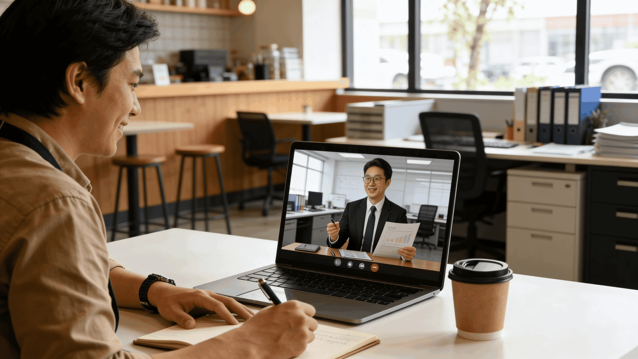 オンラインで月次報告を受ける飲食店経営者と税理士のコミュニケーション風景