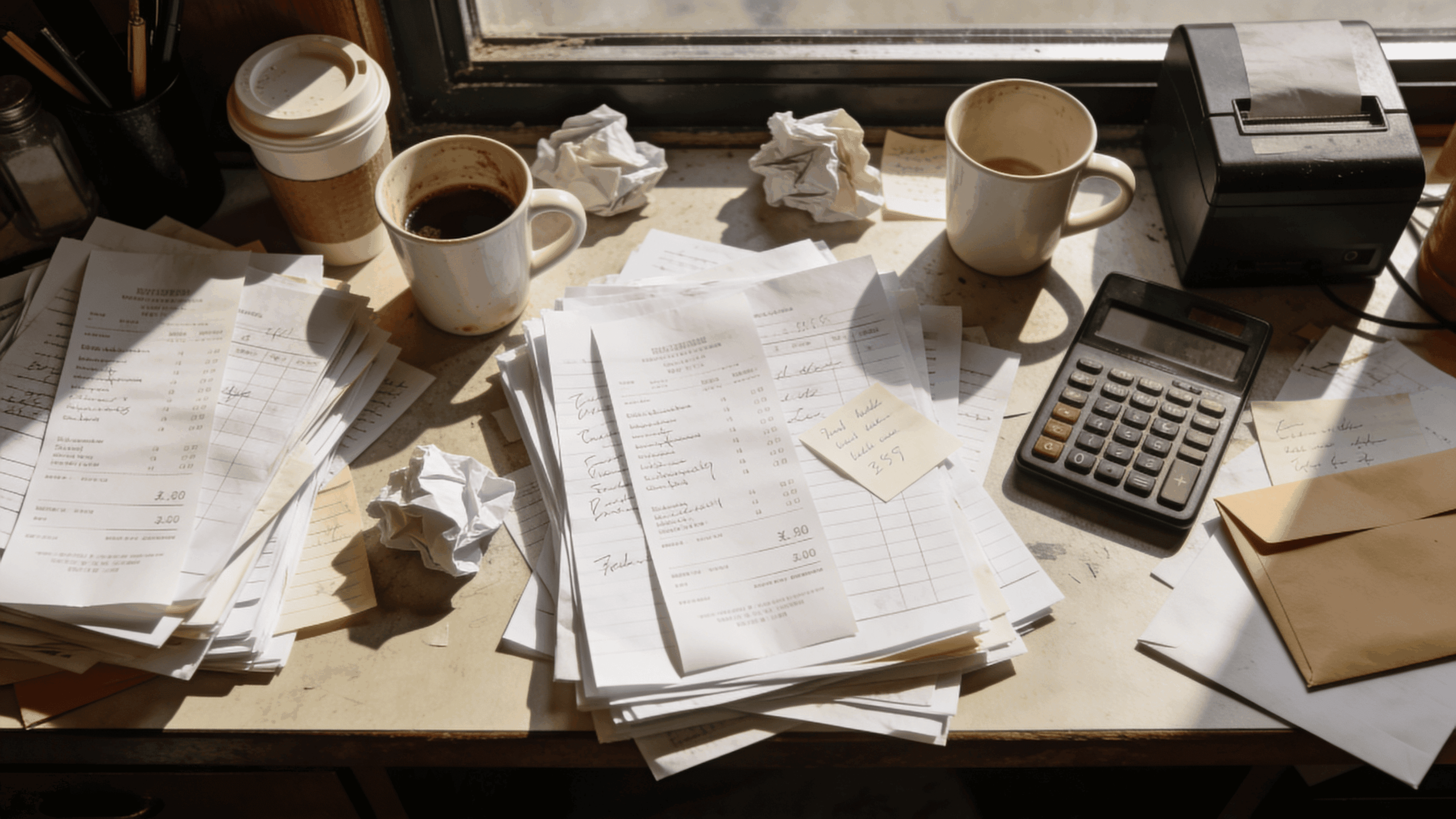 整理されていない領収書とレシートが散乱している飲食店の経理デスク