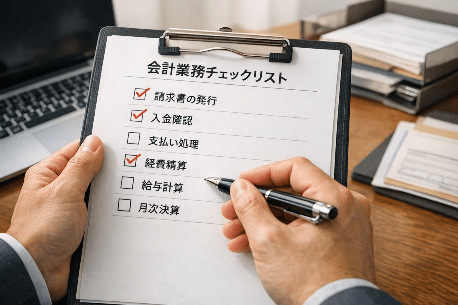 飲食店の月次経理業務チェックリストを確認している手元