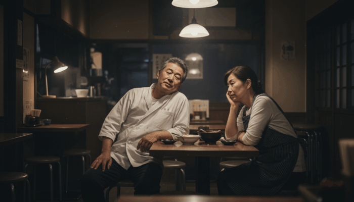 閉店後に疲れた表情でテーブルに座る飲食店オーナー夫婦