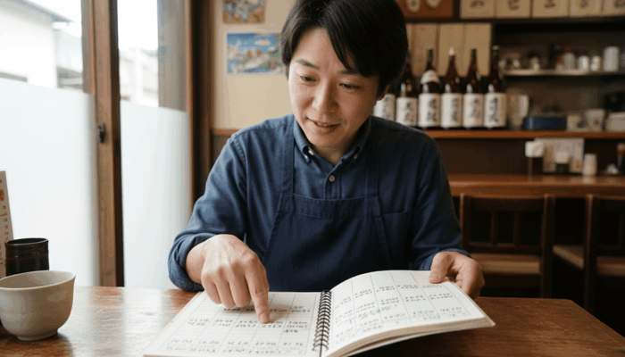 3ヶ月分の経営データが蓄積されたノートを見ながら気づきを得る飲食店オーナー