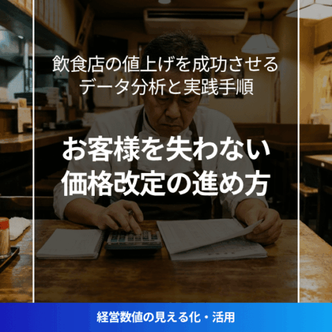 飲食店経営者が試算表を見ながら値上げ戦略を検討している様子