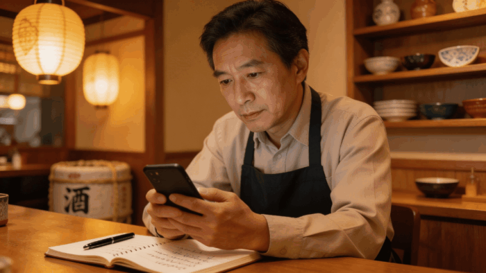 飲食店オーナーがスマートフォンとノートで売上・食材費・通帳残高の3つの数字を確認している