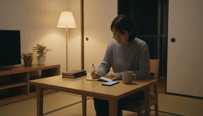 日曜の夜に自宅でノートとスマートフォンを使って経営チェックをする飲食店オーナー