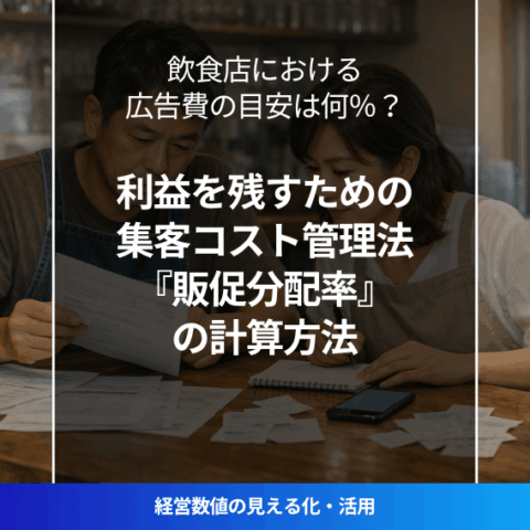 飲食店を夫婦で経営するオーナーが店内で広告費・集客コストを見直している様子