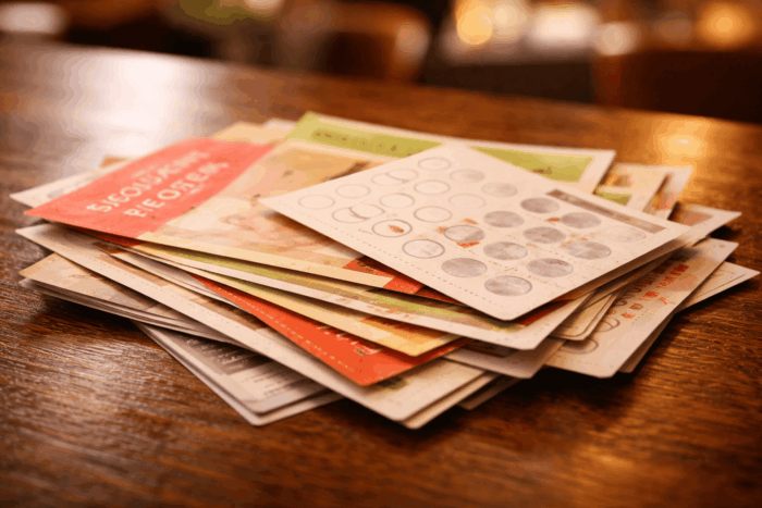 飲食店のテーブルに置かれたクーポン券・割引チラシのイメージ——帳簿に計上されにくい見えない集客コストを表す