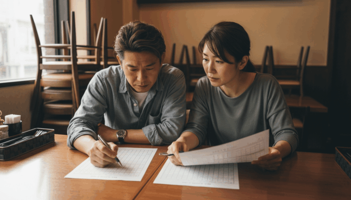 FL比率管理と分配率コントロールを比較検討する飲食店夫婦オーナーのイメージ｜2つの視点で同じ数字を見ると経営判断が変わる