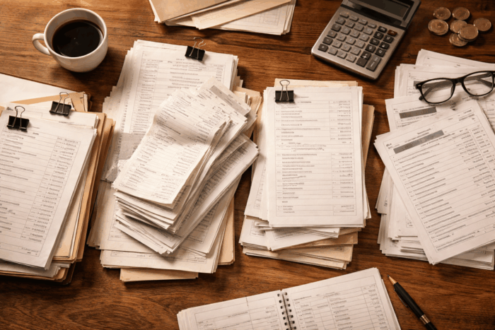 飲食店の売上伝票・仕入請求書・経費明細が混在する事務デスクの俯瞰イメージ