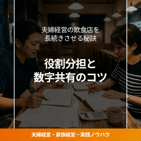 お店のテーブルで経営数字を一緒に確認する夫婦の写真