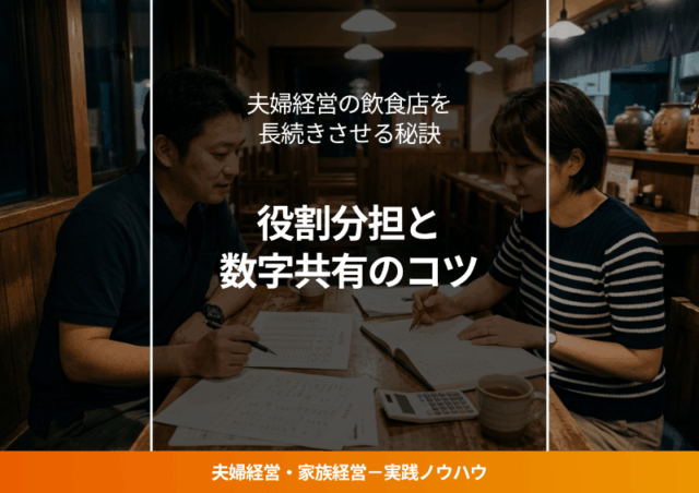 お店のテーブルで経営数字を一緒に確認する夫婦の写真