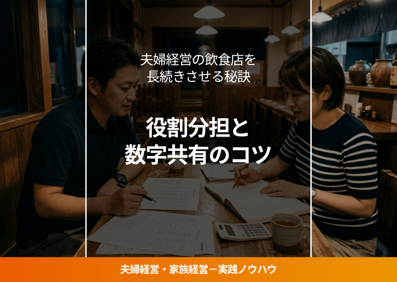 お店のテーブルで経営数字を一緒に確認する夫婦の写真